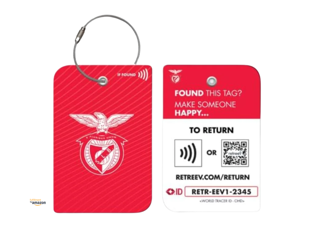 The back and front of a Retreev luggage tag